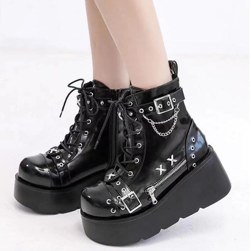 

Готический стиль Платформа Вампир Косплей Женские Ботинки до середины икры Зимние Клинья Удобные Женские Мотоциклетные Ботинки Обувь 37EU/CN38