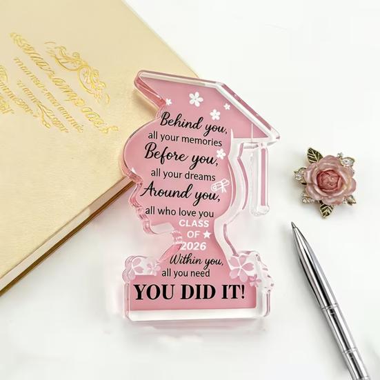 Congrats Grad Gift Sign Pink Girl Head Shape Acrylic Plaque for Home Office Tabletop Shelf Decor Inspirational Gift for Graduate