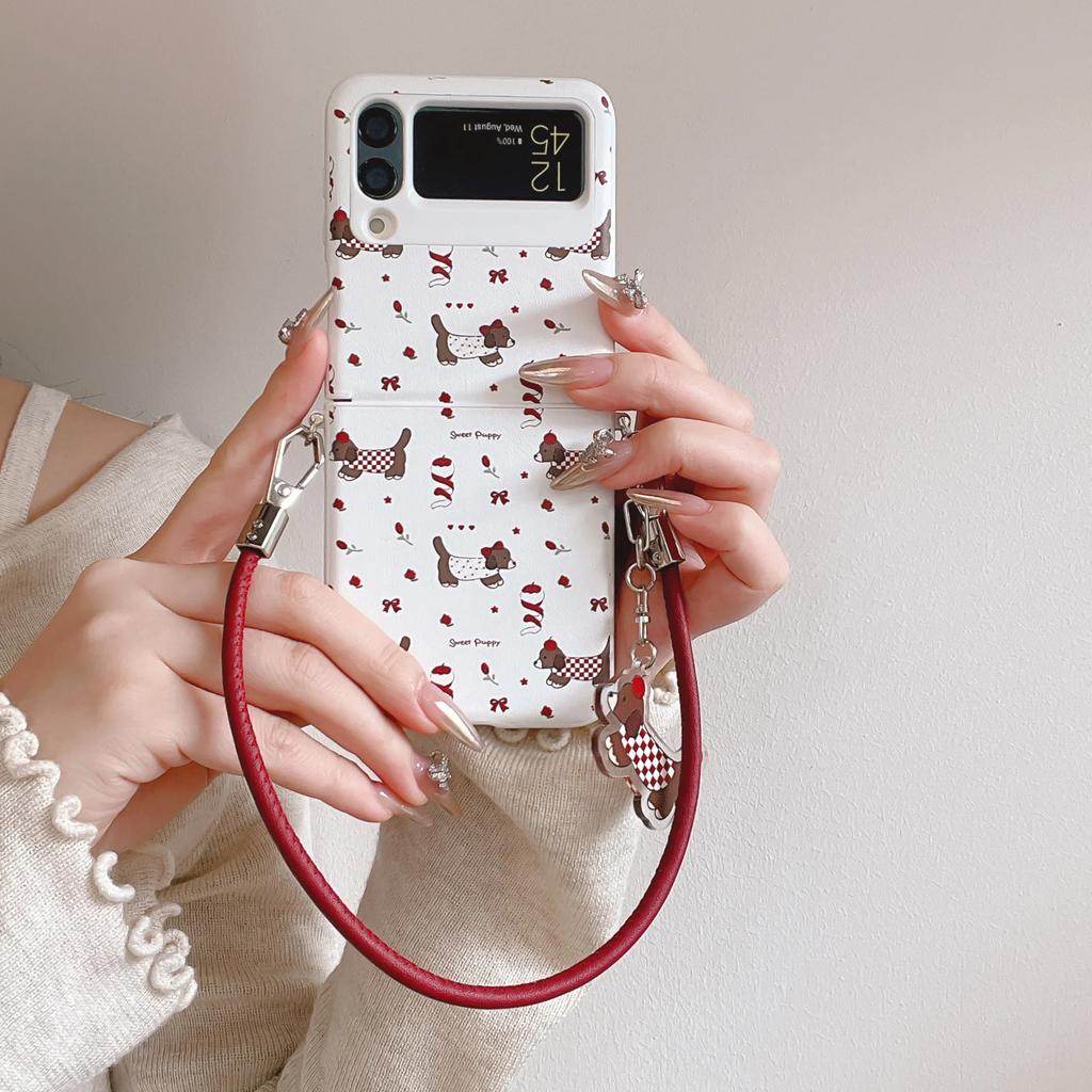 Cute Cartoon Dog Case For Samsung Galaxy Z Flip 6 5 4 3 5G Flip6 Flip5 Hinge Protection Lovely Pendant Leather Hand Strap Cover