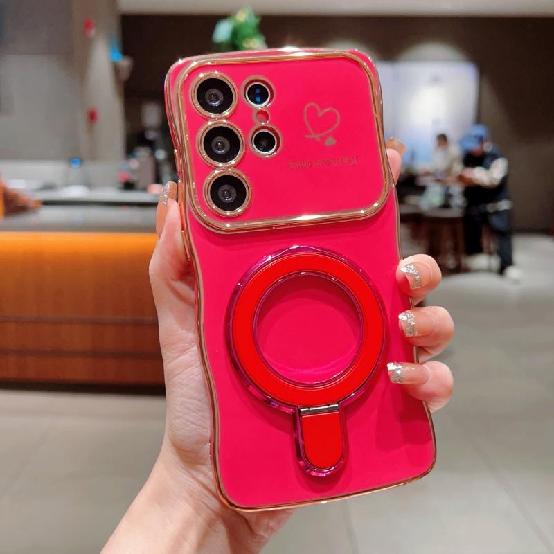 Wave Frame Plating Glossy Phone Case For Samsung Galaxy S25 Ultra S24 FE S23 S22 Plus S21 TPU Soft Shockproof Ring Holder Bracket Back Cover