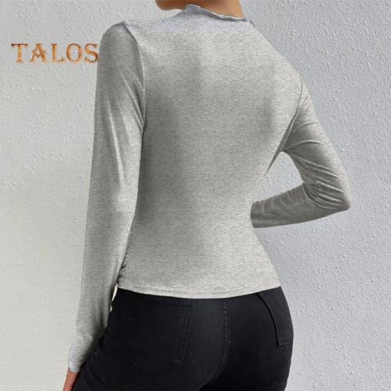 Moteriški vienspalviai apatiniai marškiniai su pusiau aukšta apykakle ilgomis rankovėmis apačia vienspalviai ploni, klostuoti megztiniai