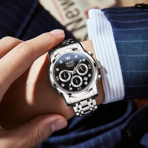 OLEVS Men's Stylish Watch, Popular Analog Quartz Movement, Waterproof Business Watch, Silver with Stainless Steel Band, Black Wristwatch, Date Display