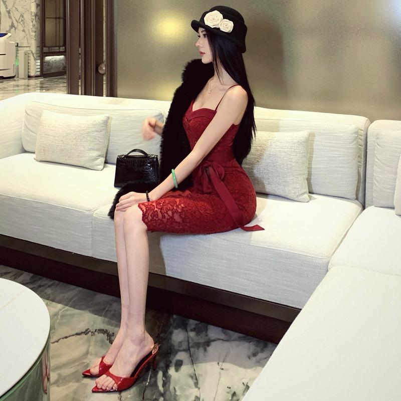 French Lace Sexy Red Dress Women's Autumn and Winter Sleeveless Slim-fit Hip-wrapped Short Skirt Suspender Dress