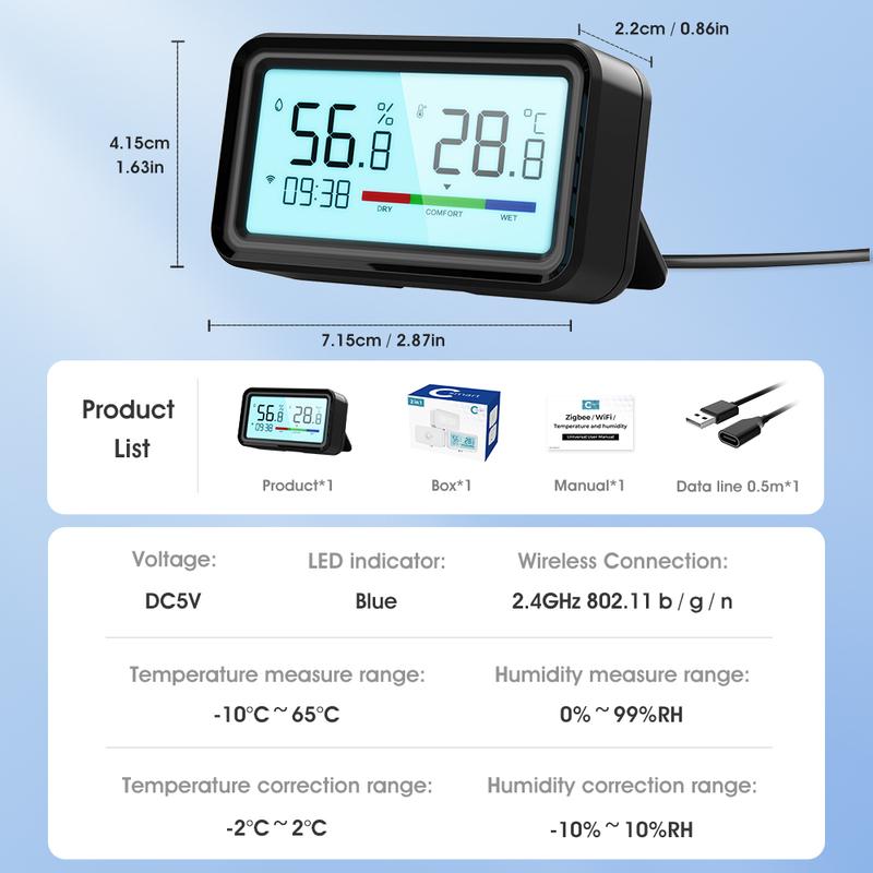 Tuya WiFi Temperature & Humidity Sensor with Backlit Display APP Remote Monitor Alexa/Google Voice Control °C/°F Switch,