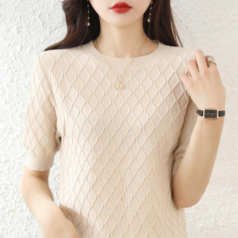 Round Neck Cotton Thread Short-sleeved T-shirt In Summer Latest Comfortable Fit Hollow Knit Sweater Half-sleeved Thin Diamond Knitted