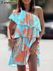 Summer New Style Cross Strap Floral Irregular Printed Ruffled Fashion Casual Dress