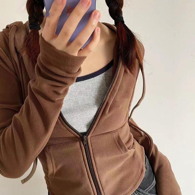 Spring Autumn Casual Fashion Solid Color Slim Cardigan Hoodies Women Street Style Drawstring Zipper Hooded Top