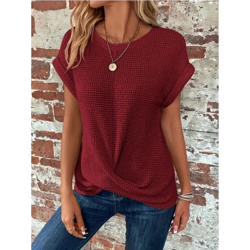 

2026 New Solid Color Round Neck T-shirt Elegant Short Twisted Hem Top Spring and Summer Loose Casual Knitted Top 2XL вина червоного кольору