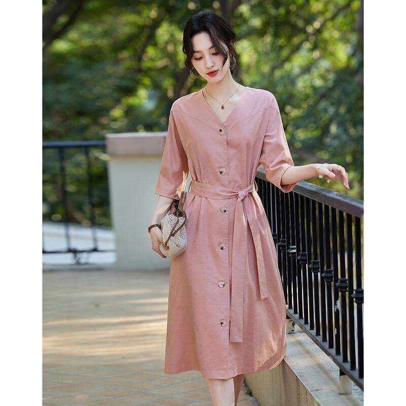 DeMana French Style Linen Blend Tie-Waist Midi Dress