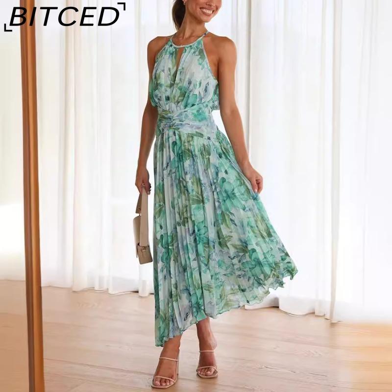 BITCED Dámské letní dlouhé šaty s výstřihem do V, na špagetová ramínka, bez rukávů, s potiskem a plnou sukní