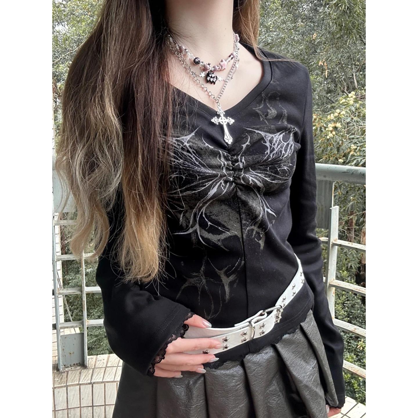 Autumn V-Neck Printed Black T-Shirt Versatile High Street Shirt Women s Tide S