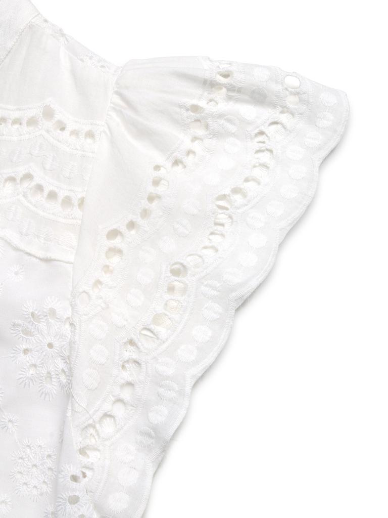 Women White Loose Hollow Out V Neck Short Sleeve Casual Shirt