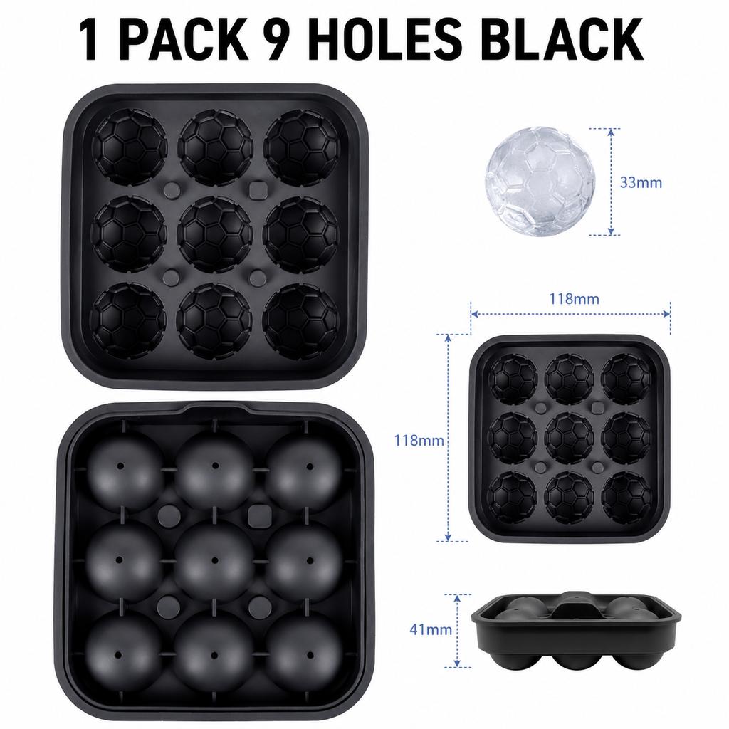 3D Soccer Ball Silicone Ice Cube Maker Tray 9-Cavity Football Ice Sphere Mold For Party Whiskey Cocktails Beverages Ice Trays