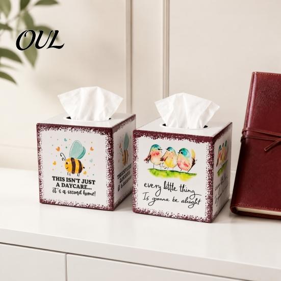 Waterproof Hardboard Napkin Holder Iron Art Square Tissue Box, Bee And Bird Watercolor Print Pastoral Aesthetic Tabletop Decor Holder, Style