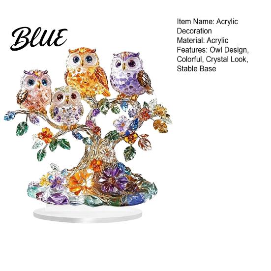 2D Acrylic Owl Realistic Figurine Perched Ornament Tree Decoration Owls with Base Colorful Flower Ornament for Desktop Bookshelf Decor
