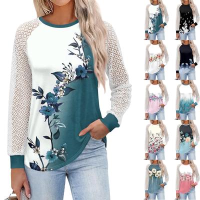 Damen Langarm T-Shirts Rundhals Spitzenoberteile Lässige Blusen Trendy Fashion Top
