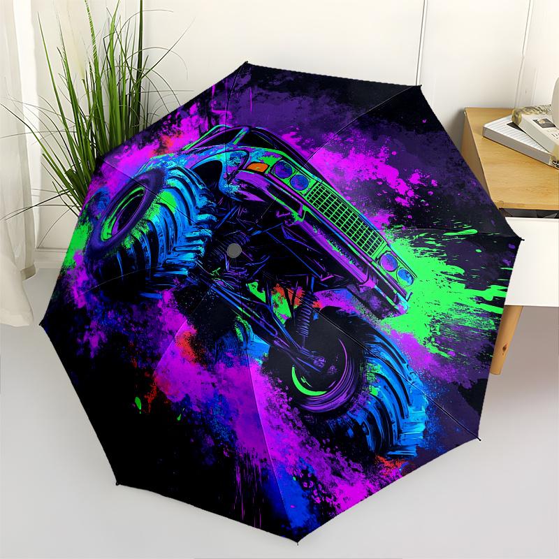 

Monster Truck, Neon Colors Automatic folding umbrella simple eight rib design, bright color pattern, durable iron frame, ideal for travel a