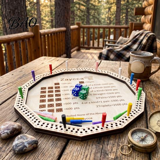 Dice Board Game Wooden Farkle Tray, with 6 Dice, 8 Colorful Pegs, Multi-player Interactive Tray Game, Classic Tabletop for Travel Family Night