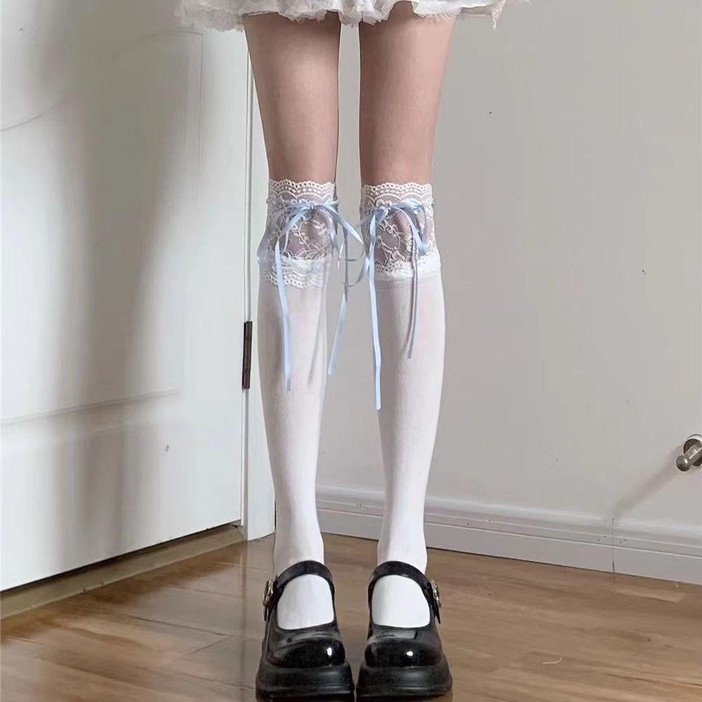 Lolita Lace Bow Over-the-Knee Socks - Japanese Style White Knee-High with Ribbon Tie