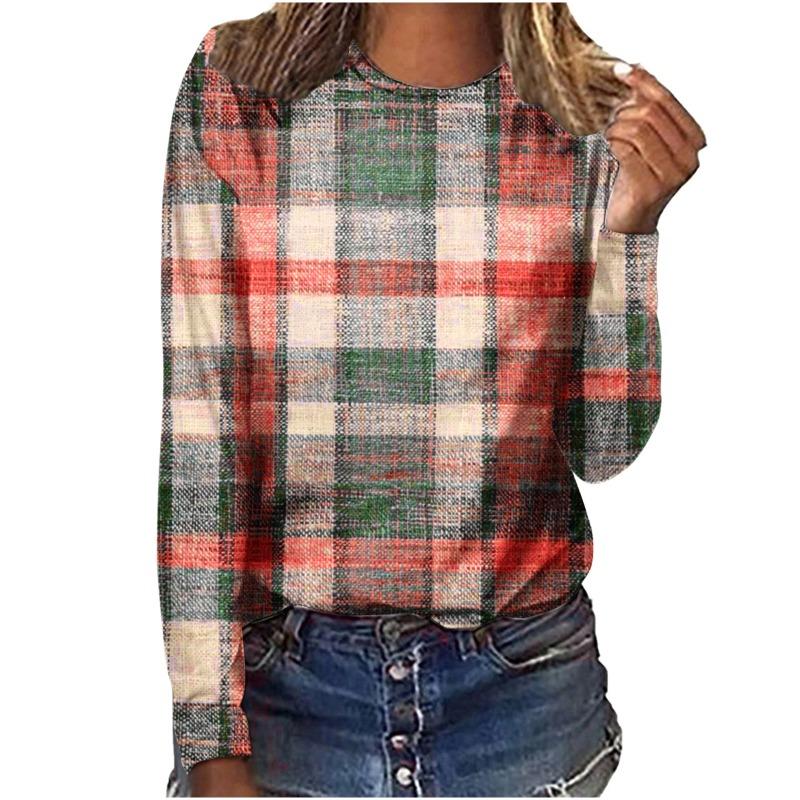 Plaid Striped Retro Women T-Shirts Spring Autumn Long Sleeve Comfort Street 3D Print Female Tee 3XL Plus Size Casual Tops