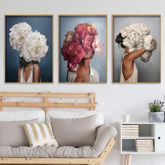 3 szt. Dekoracje ścienne kwiaty pióra bezramowe minimalistyczny design płótno kobieta wzór artystyczny obraz dla domu