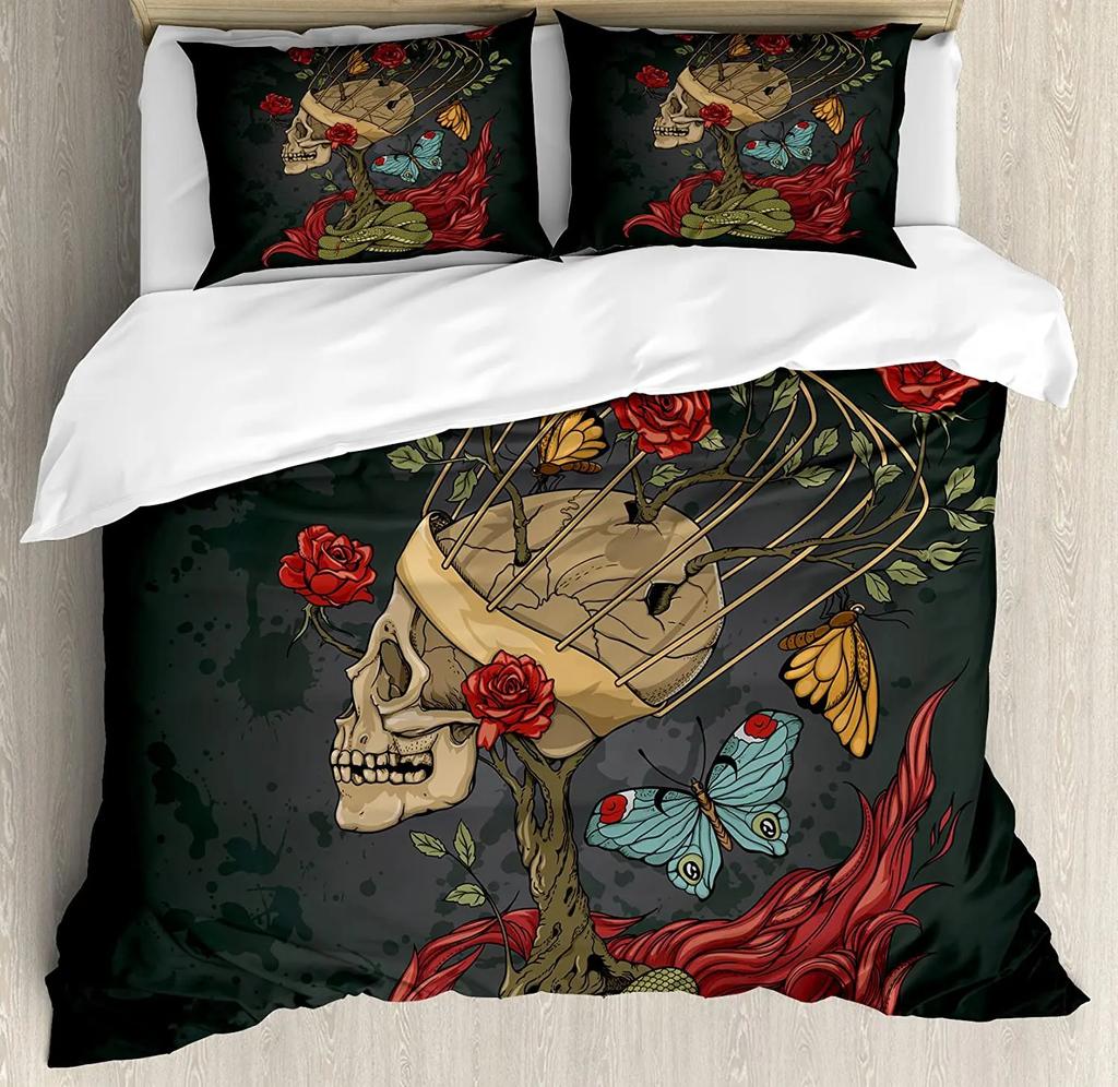 Sugar Skull Duvet Cover Set, Monochrome Skull with Roses Leaves and Diamond Shape Folklore Festival Print,Decorative Bedding Set