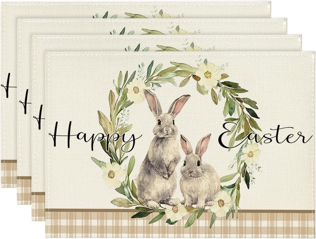 

Buffalo Plaid Bunny Rabbits Happy Easter Placemats Set of 4, 12x18 Inch Seasonal Flower Table Mats for Party Kitchen Dining Decoration 4pcs-12x18