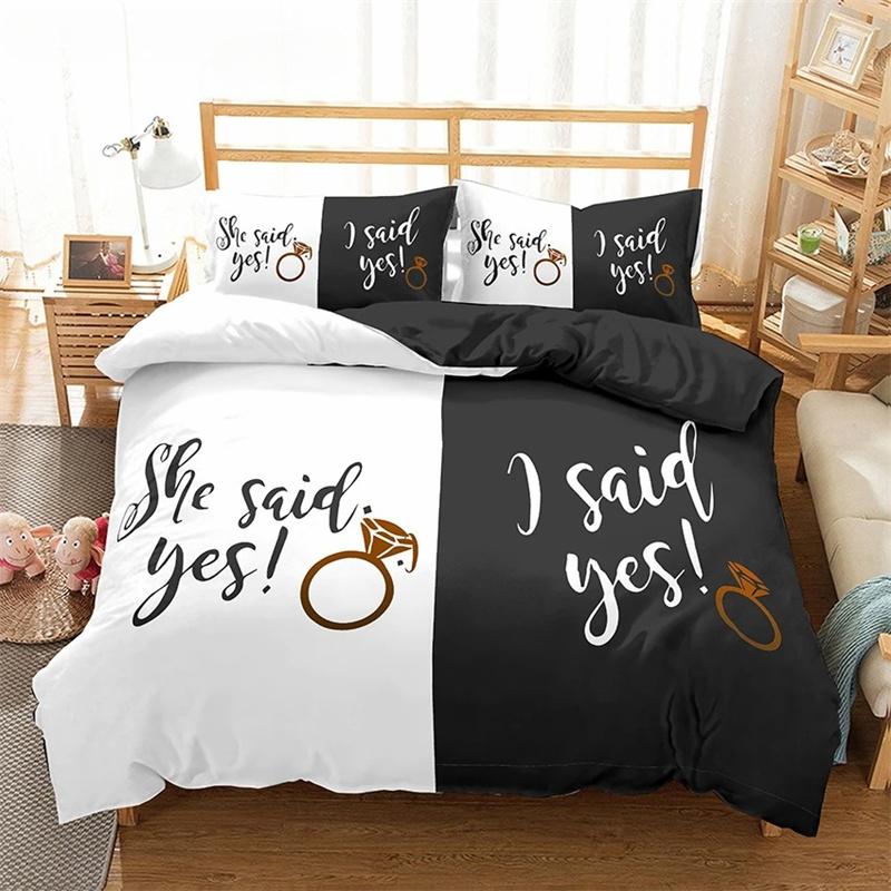 Lover Couples King Queen Duvet Cover Black And White Printed Bedding Set For Adults Valentine's Day Bedroom Decor Quilt Cover