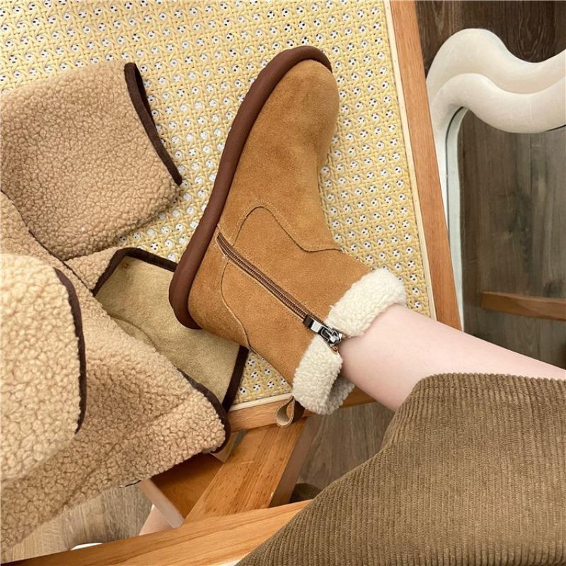 Snow Boots Women's Winter New Retro Velvet Warm Cotton Shoes Flat Bottom Ugly Cute Fluffy Cotton Short Boots