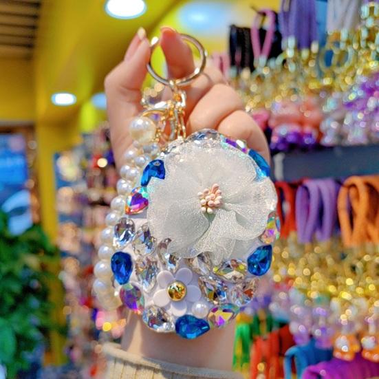 Rhinestone Bling Pocket Mirror Keychain Double-sided Round Folding Makeup Mirror Wristlet Bag Charm for Handbag Purse Travel Accessory
