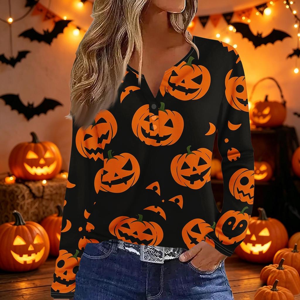Damen Casual V-Ausschnitt Langarm T-Shirt mit dekorativen Knöpfen und Halloween-Thema Aufdruck für den täglichen Gebrauch