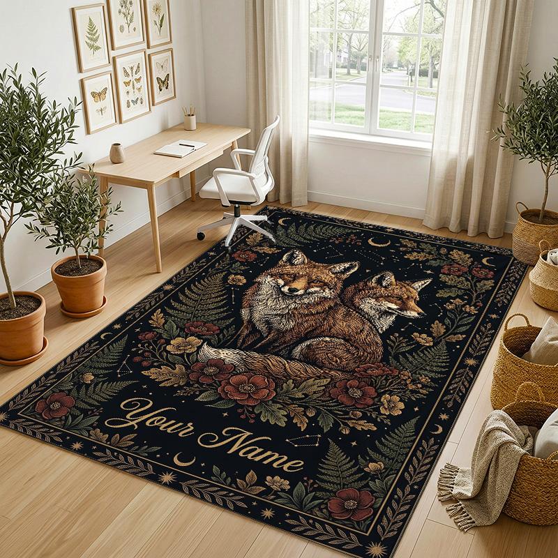 Foxes Moonlit Theme Soft Crystal Velvet Rug Custom Name & Text Print Non Slip Floor Rug for Bedroom Living Room