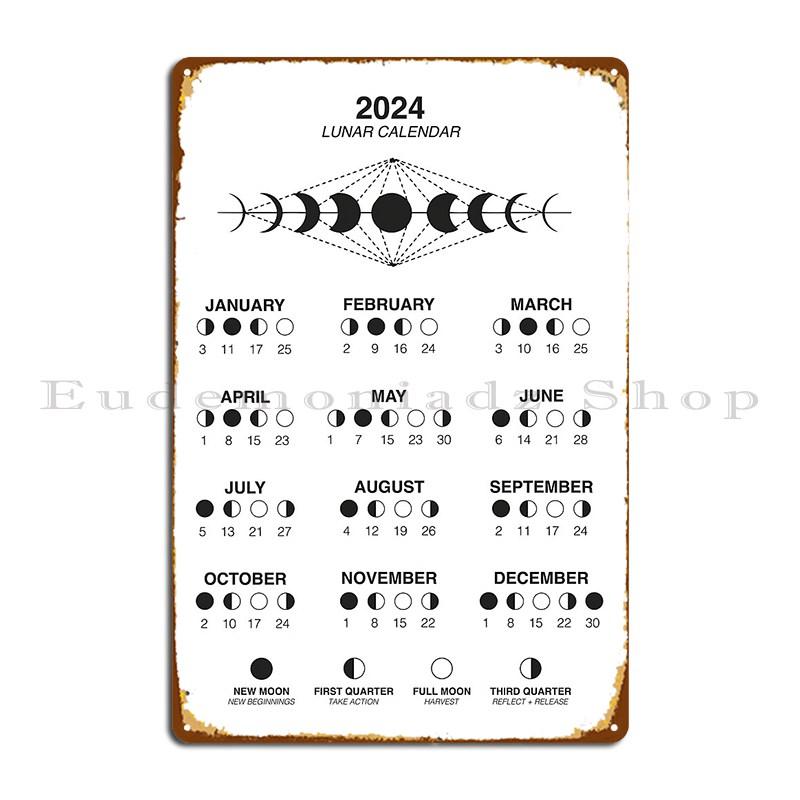 2024 Lunar Calendar Moon Phases 2024 Metal Sign Garage Mural Iron Wall Decor Plaques Tin Sign Poster 20X30CM