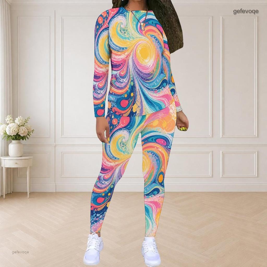 Women Plus Size Two Piece Set Round Neck Long Sleeve Printed Top And Fitted Pants Pink Purple Black