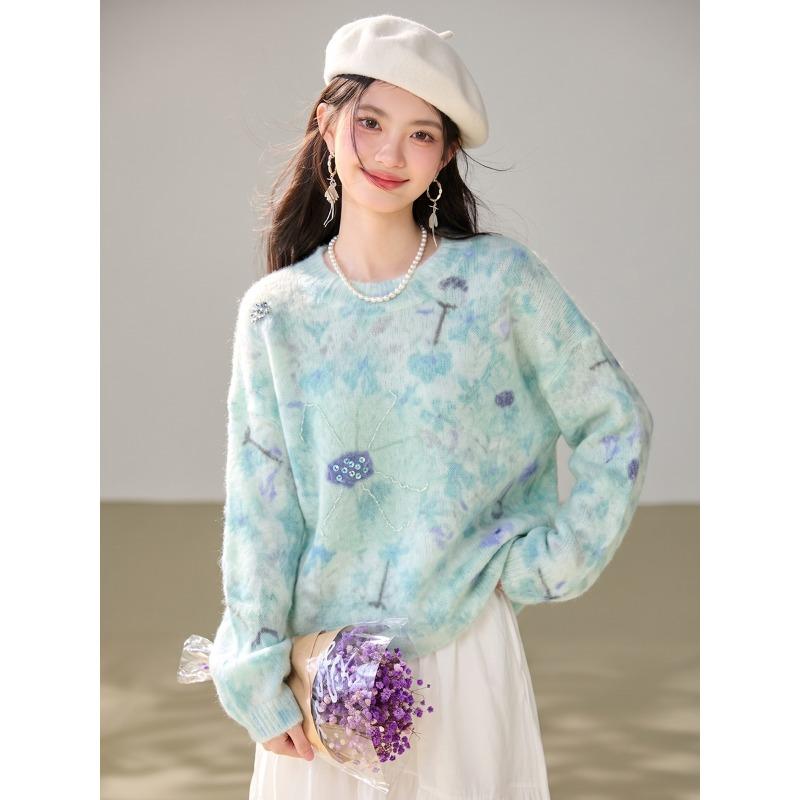 DIMANAF 2026 Autumn Winter New Plus Size Women Sweater Beading Loose Knitting Lady Tops Floral