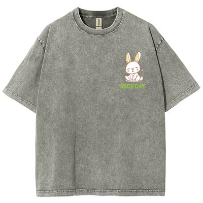Niedliches Cartoon-Kaninchen-Print T-Shirt locker Wasserwäsche Vintage Kurzarm Herren und Damen lässige Mode Sommeroberteil