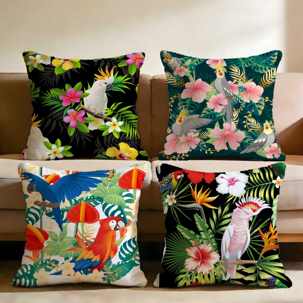 Parrots Flowers Palm Leaves Cushion Cover Multi-Scene Pillow Cover for Home & Car - Reversible, Soft & Durable for Daily Use