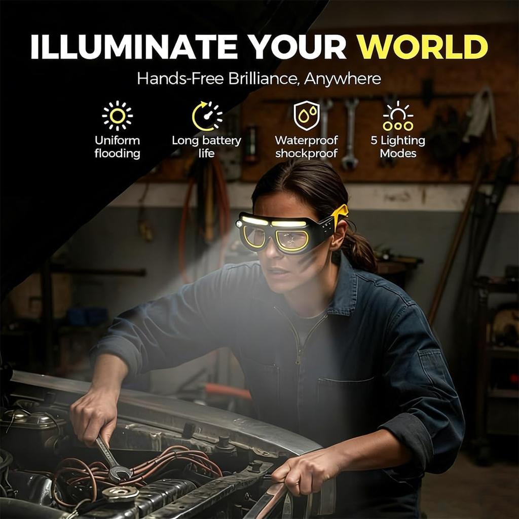 2026 Nouvelles Lunettes Phares LED Rechargeables avec Capteur de Mouvement et Commande Tactile, Lunettes de Sécurité Imperméables avec 5 Modes, Lunettes Lampe Frontale pour la Course à Pied,