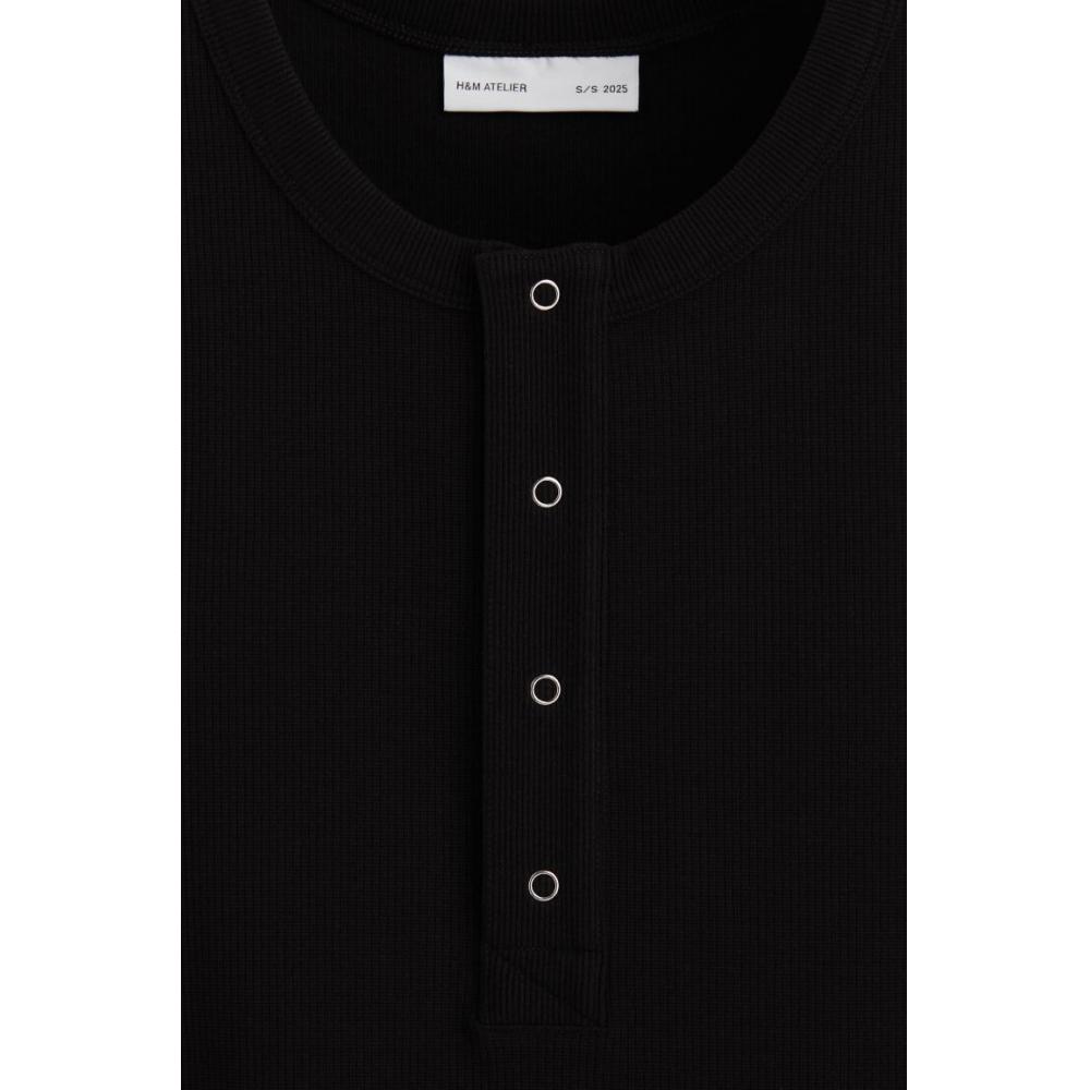 H M Ribbed Sleeveless Henley Top Black