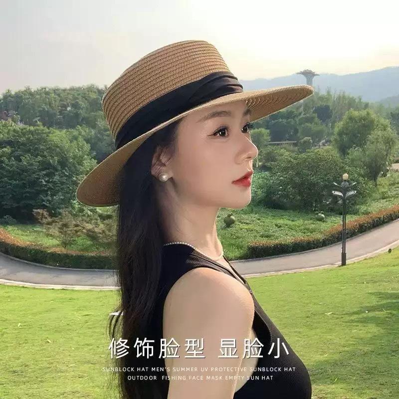 New Summer Visor Hat Flat Top Straw Hat Women's Seaside Beach Sun Protection Woven Sun Hat