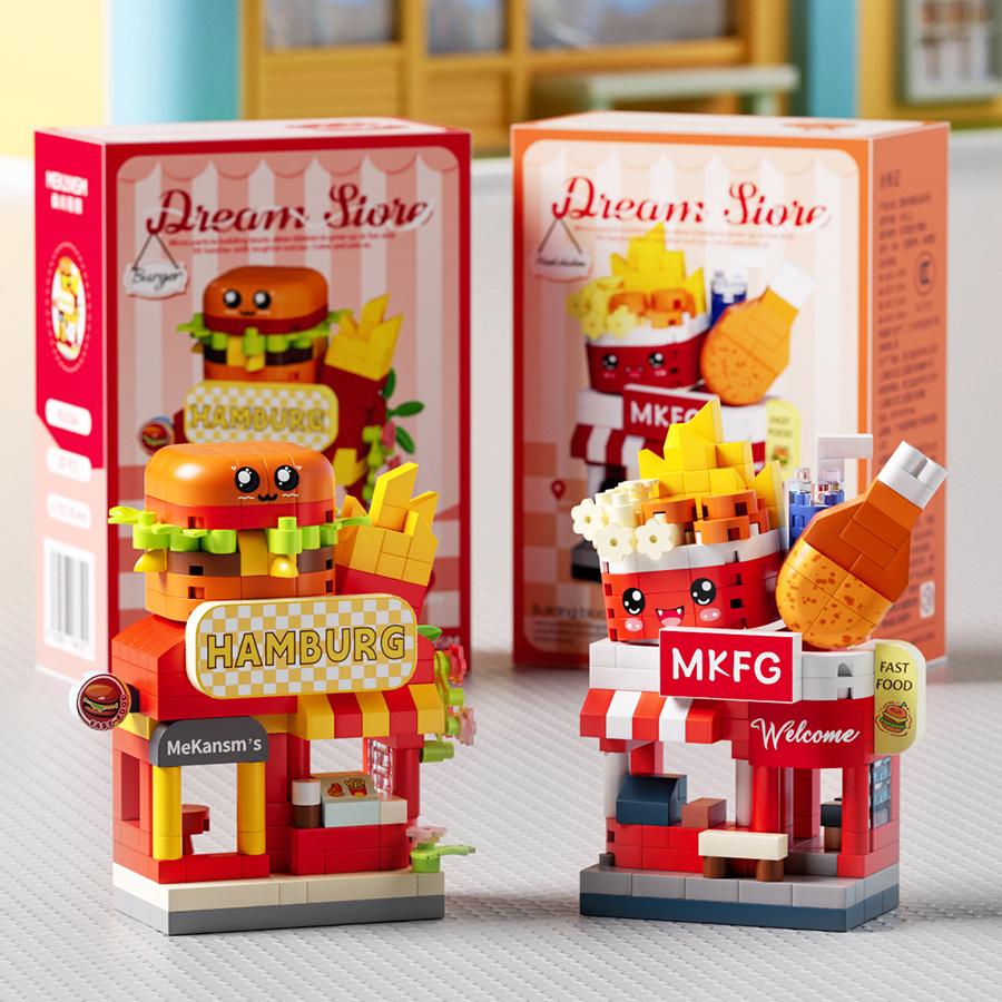 Mini Restaurant Dessert Coffee Flowers Store Street View Building Blocks Models Micro Blocks Kids Toys Gifts Items