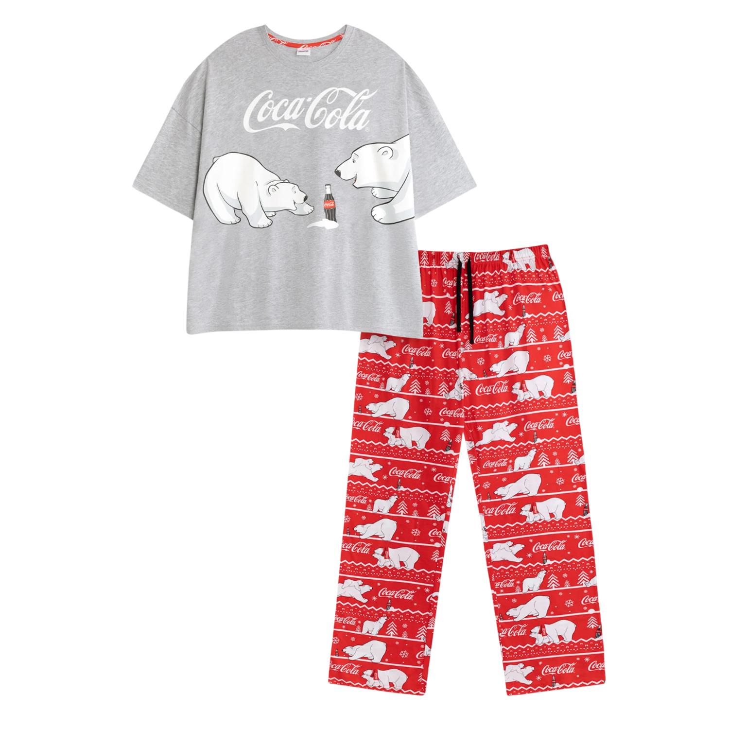 Ensemble de pyjama long à manches courtes avec logo Coca-Cola pour femme XXL gris/rouge