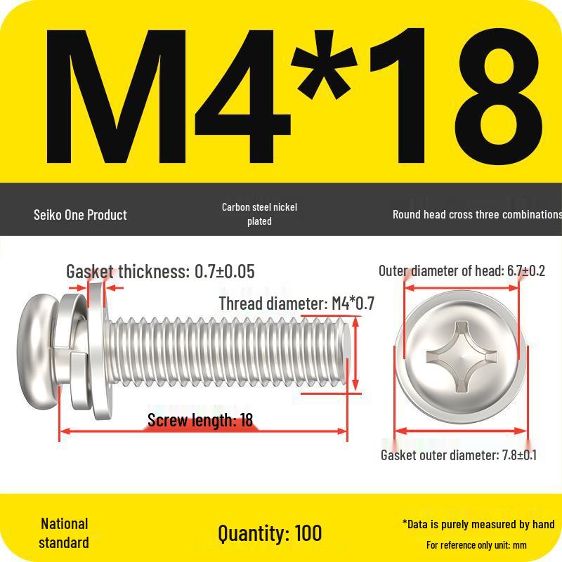 Nickel-Plated Phillips Pan Head Screw with Washer, M2-M6 Thread