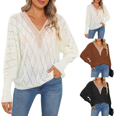 Women's Autumn And Winter Hollow Woven Sweater Lace V-neck Splicing  Sleeve Sweater