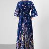 Summer Women Vintage Print Flower Loose Maxi Party Dresses with Belt