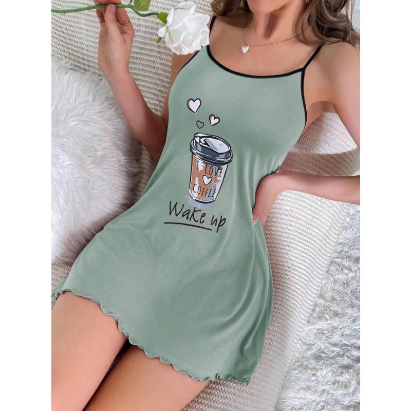 Summer Women's Suspender Pajamas with Letter Bear Print Sleeveless Ruffle Suspender Mini Dress Comfortable Home Wear