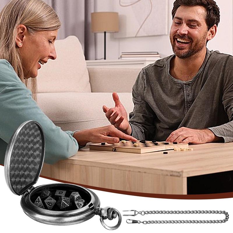 Metal Polyhedral Dice Set Metal Dice With Pocket Watch Shell Portable Vintage Steampunk Exquisite Dice For Games Lovers Math