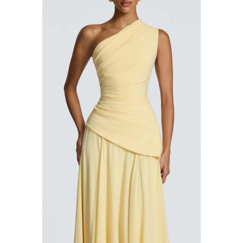 Women One Shoulder Pleated Waist Chiffon Spliced A Line Long Evening Party Dress