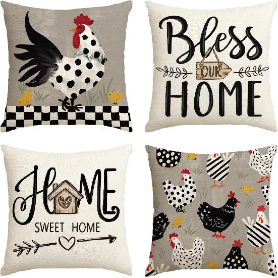 AVOIN colorlife Farmhouse Chicken Home Sweet Home Throw Pillow Covers, 18 x 18 Inch Bless Our Home Seasonal Cushion Case Decoration for Sofa Couch