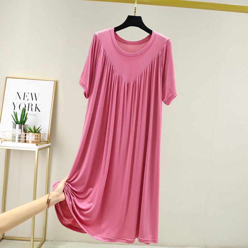 2023 Women's Summer Plus Size Round Neck Cake Dress - Solid Color, Loose Fit, Short Sleeve, Long Length